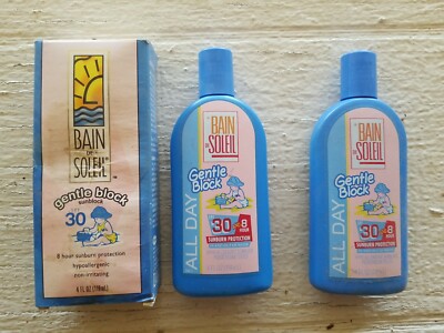 2 Vintage Bain De Soleil Gentle Block Sunblock SPF 30, 4 Fl Oz Full & Near Full
