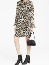NWT Banana Republic $139 Women Leopard Print Ruffle-Cuff Shift Dress Size 00P