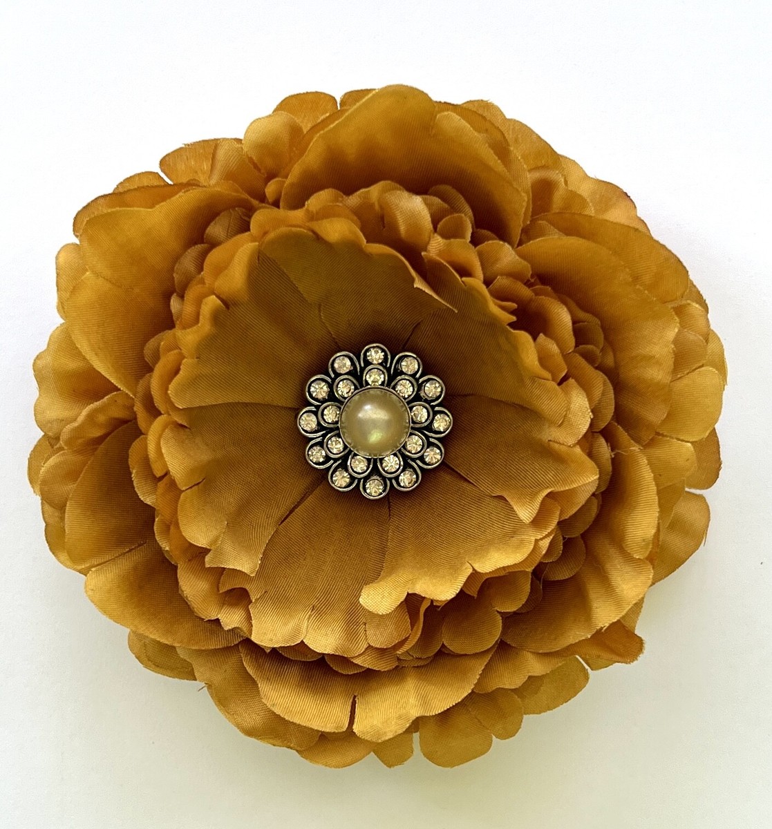Golden Brown Ochre Peony Silk Flower Hair Clip Pearl Rhinestone  Cabochon