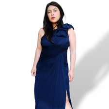 Tadashi Shoji navy blue pleated one shoulder with bow detail maxi gown women's 8