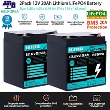 Helpdrea 12V 20Ah 2Pack 2*256WH Lithium LiFePO4 Battery 4000+ Deep Cycle For UPS