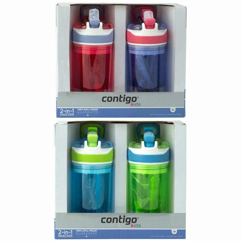 Contigo Kids Water Bottle 2-in-1 Snacker BPA FREE 2 Pack Blue Green/Purple  Red