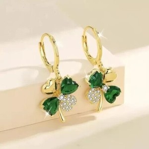Authentic 2Ct Lab Created Emerald Four Leaf Clover Drop Earrings 14K Yellow Gold Plated