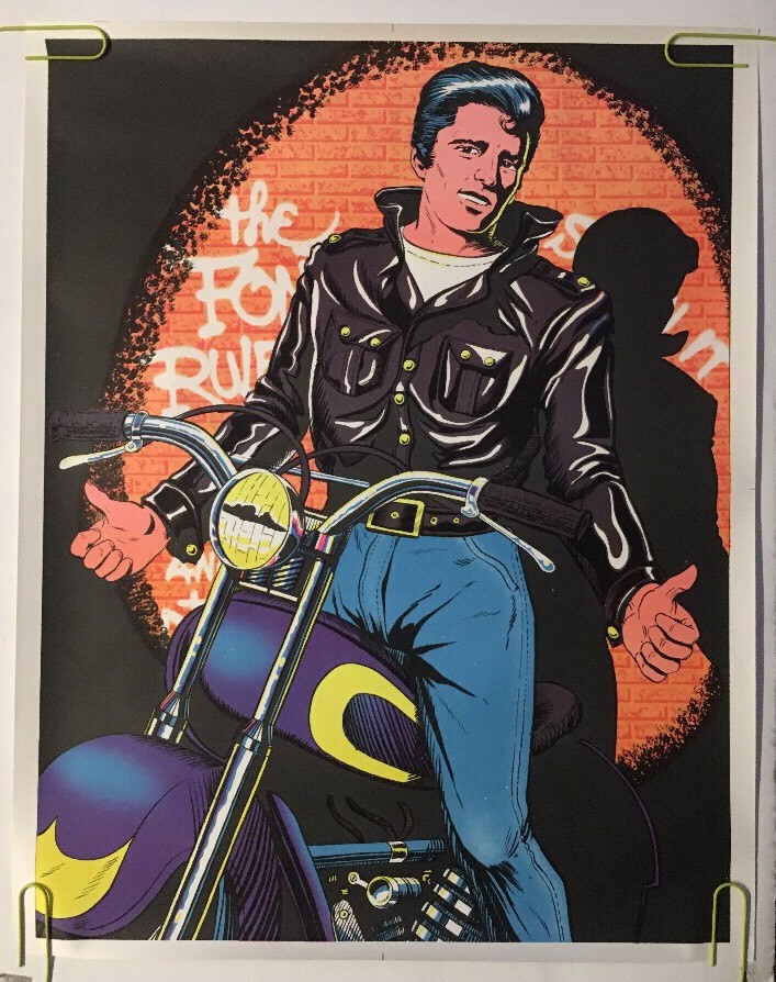Vintage Blacklight Poster The Fonz Rules Motorcycle Happy Days