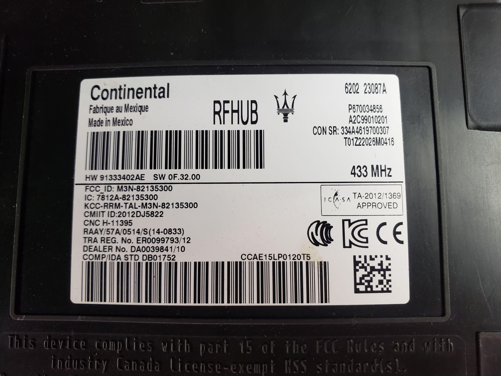 2017 MASERATI GHIBLI PASSIVE ENTRY RF HUB CONTROL MODULE ID# 670034856