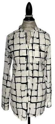 Halogen Womens Oversized Tunic Hi Lo Checkered Artsy Roll Tab Sleeve Blouse Sz M
