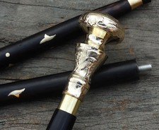 Vintage Solid Brass Knob Head Handle Antique Victorian Cane Wooden Walking Stick