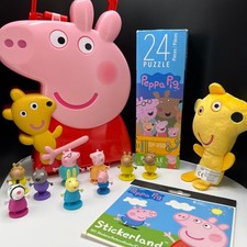 Peppa Pig Lot Vintage 2003 Carrying Case w/ 9 Figures Stickers Puzzle Plush Bear