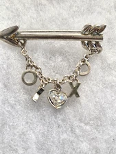 Vtg Vittorio silver tone Arrow XO rhinestone heart tassel Pin