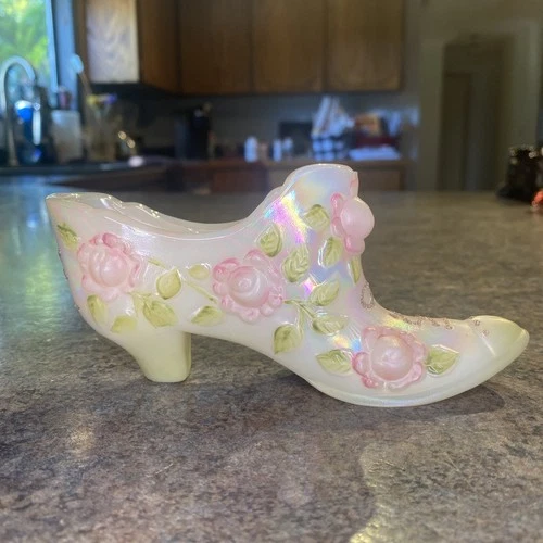 Fenton Shoe Slipper 95th Hand Painted Victorian Rose Signed Bill Fenton J Powell