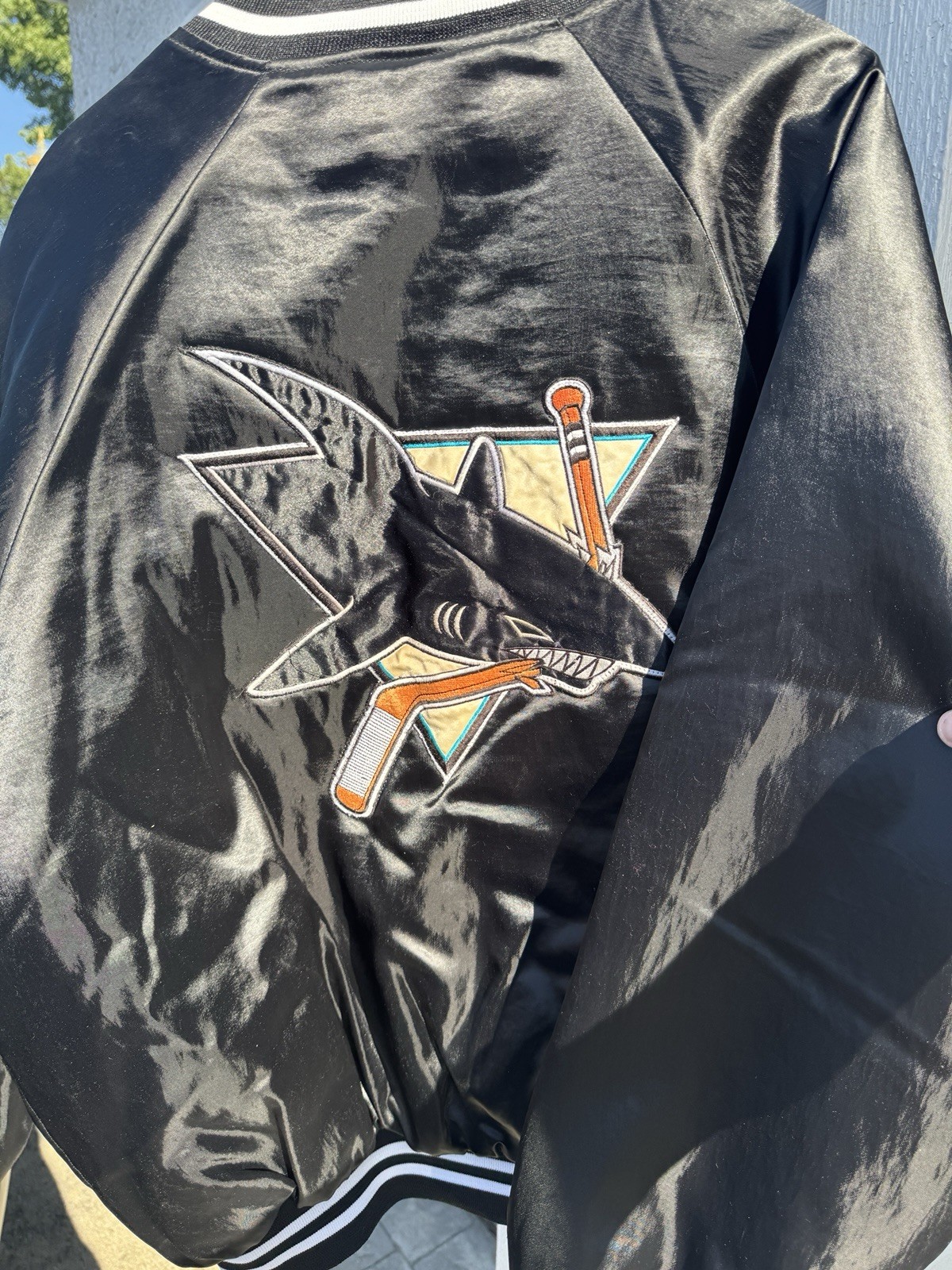 Vintage NHL San Jose Sharks Hartwell Sports Satin Snap Jacket Mens Size XL