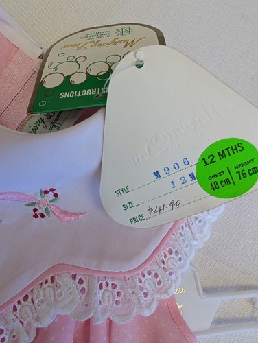 Vintage Dress Girl 1 Cotton Blend Pink Polkadot Embroidered Yolk Broderie Lace - Picture 8 of 9