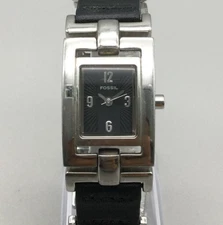 Fossil Watch Women ES-1851 21mm Silver Tone Black Leather Links New Battery 7"