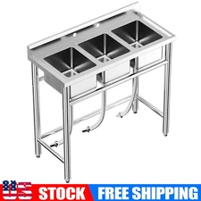 Three Compartment Commercial Kitchen Sink Stainless Steel with Hot & Cold Hoses