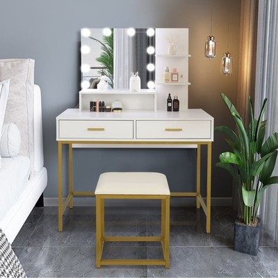 FCH Glamorous Vanity Set with 10 Bright LED Bulbs and Stylish Cushioned Stool