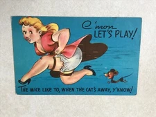 C1642 Postcard Comic C'mon Lets Play Mice Mouse chasing lady