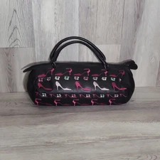 Nicole Miller Collection Black Pink Heels Floral Embroidered Barrel Handbag