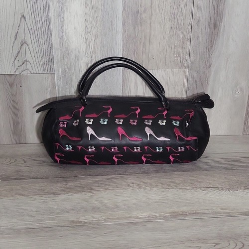 Nicole Miller Collection Black Pink Heels Floral Embroidered Barrel Handbag