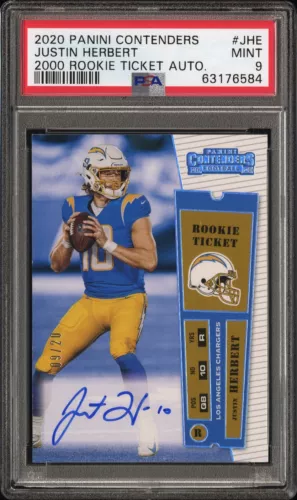2020 Contenders Justin Herbert #JHE 2000 Rookie Ticket Auto PSA 9 Chargers!