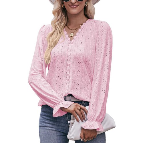T-shirt Solid Color Hole Lace Women's Clothing V-neck Long Sleeve Top Fashion - Picture 20 of 23