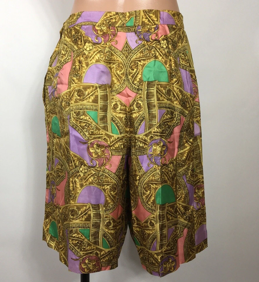 1980s Carlisle Sport Baroque Print Silk Bermuda Short Tapered Loud Gold Y2K Rare - Image 2 of 4