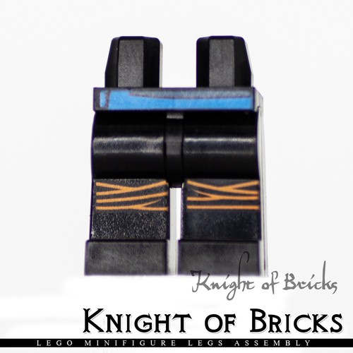 LEGO Minifigure Legs BLACK Hips and Legs with Blue Belt and Orange Knee Wraps - Picture 2 of 4
