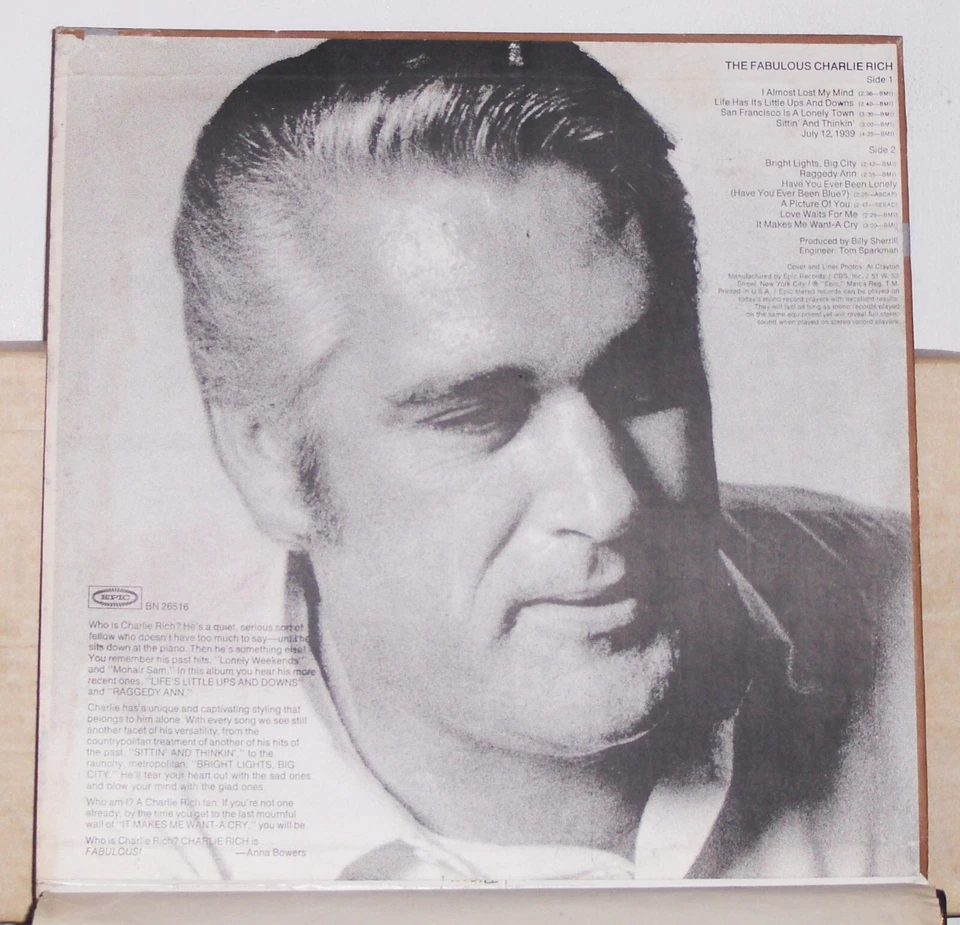 Charlie Rich – The Fabulous Charlie Rich - 1973 Vinyl LP Record Album - Image 2 of 2