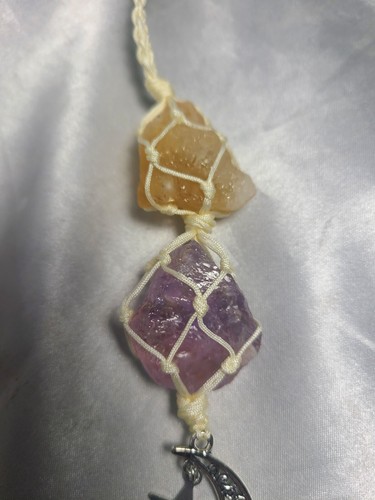 Specchio appeso per auto citrino naturale e ametista 9,5" Cristalli argento luna - Foto 5 di 8