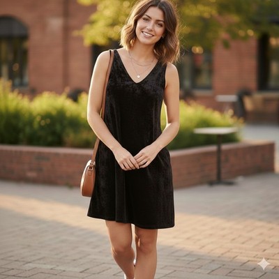 Final Touch Black Crushed Velvet V-Neck Sleeveless Tunic Top Small D16032 USA