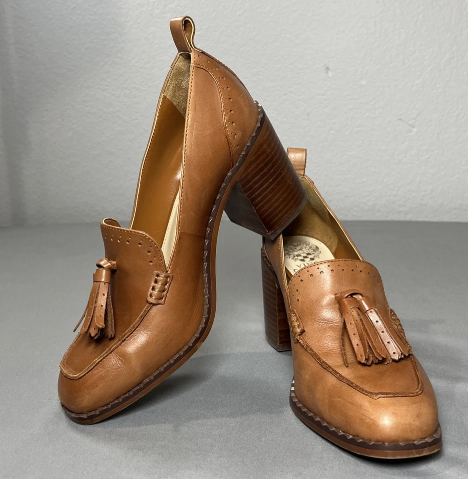 Vince Camuto Caiana Congac Brown Loafer Slip On Size 8M Heels Oxford Tassels - Image 2 of 4