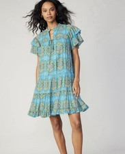Current Air Tiered Ruffle Mini Dress Boho Geoemteic Romantic Linen Flutter Large