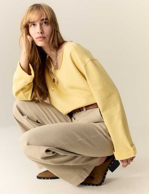 M&S - Per Una langärmliges Damen-Sweatshirt aus honigfarbener Baumwolle mit U-Ausschnitt