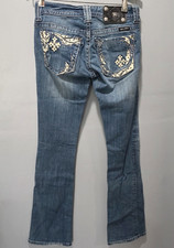 Miss Me Jeans Size 26 Bootcut Blue Denim Womens White Leather Pocket Patch