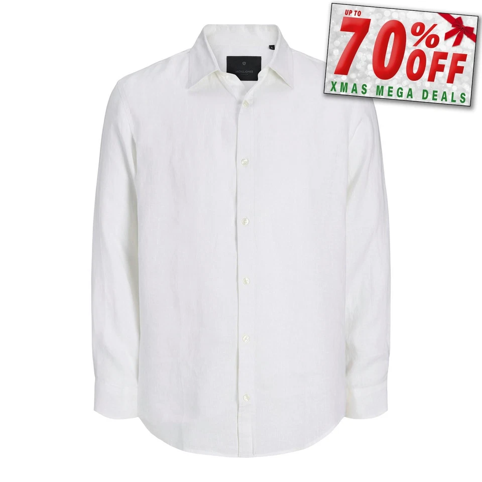 Jack & Jones Linen Mens Shirt Long Sleeve Button Up Smart Casual Shirt White