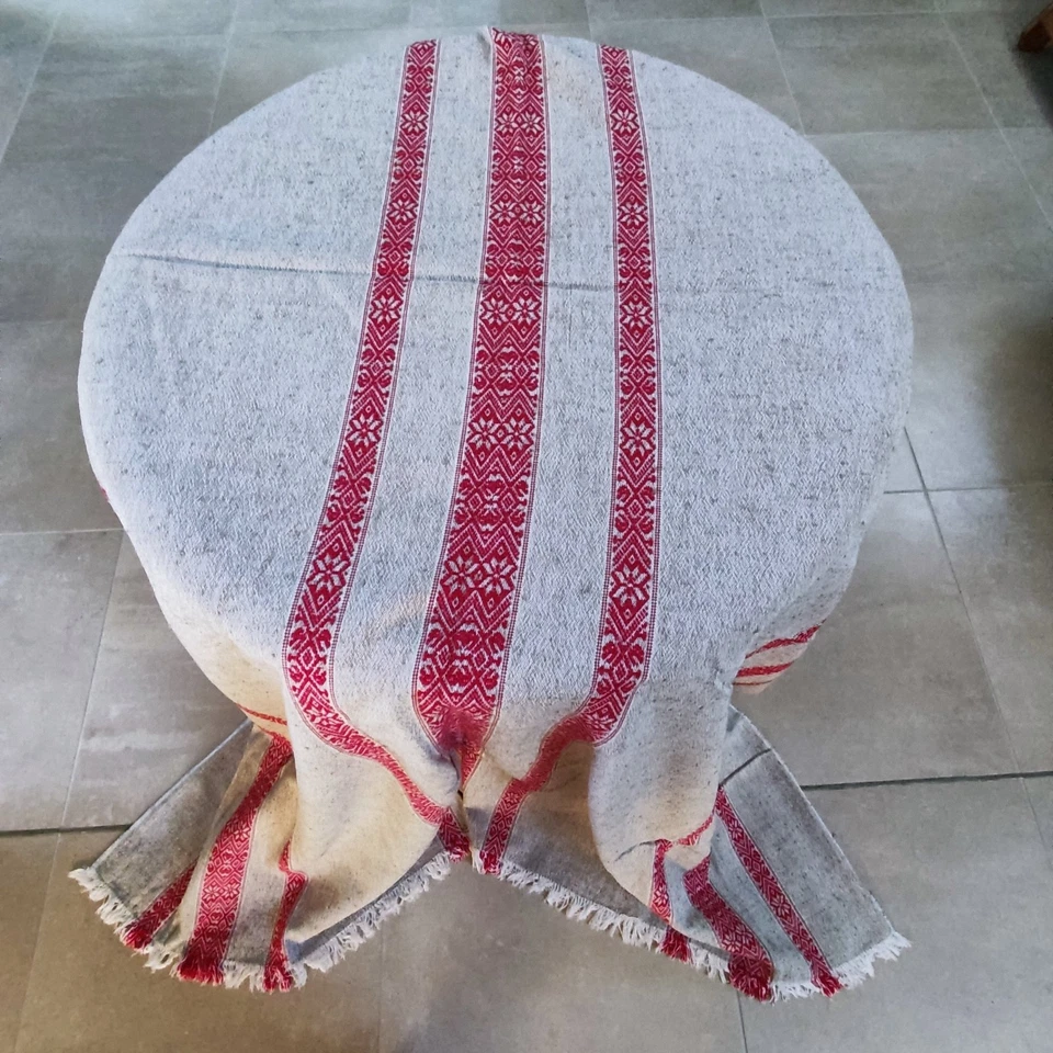 nappe ancienne  coton tissage Catalan artisanale et ses 8 serviettes à franges - Photo 2/4