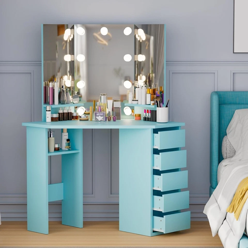 Tocador Escritorio con 5 Cajones Tocador con 10 Luces LED y 3 Colores Ajustables Foto 3 de 4