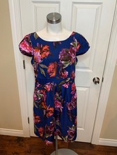 Moulinette Soeurs Anthropologie Blue Pink Floral Rose Fit & Flare Dress, Size 12