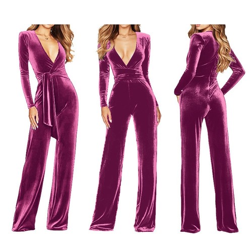 Comfortable Women Velvet Jumpsuit with Long Sleeves for Casual Outings - Picture 7 of 38