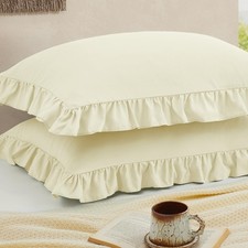 Ruffled Pillow Cases Set of 2, Beige Queen Shams, Soft Microfiber Covers 20"x30"