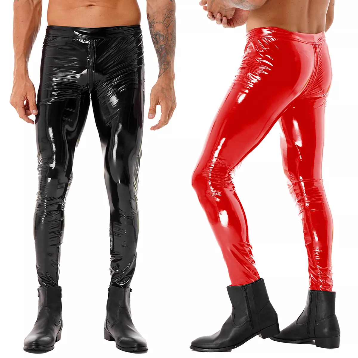 Men's PVC Leather Wetlook Tight Pants Leggings Zipper Front Trousers  Clubwear