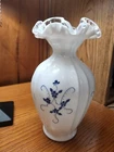 Fenton vintage hand painted signed ruffle top vase white/blue