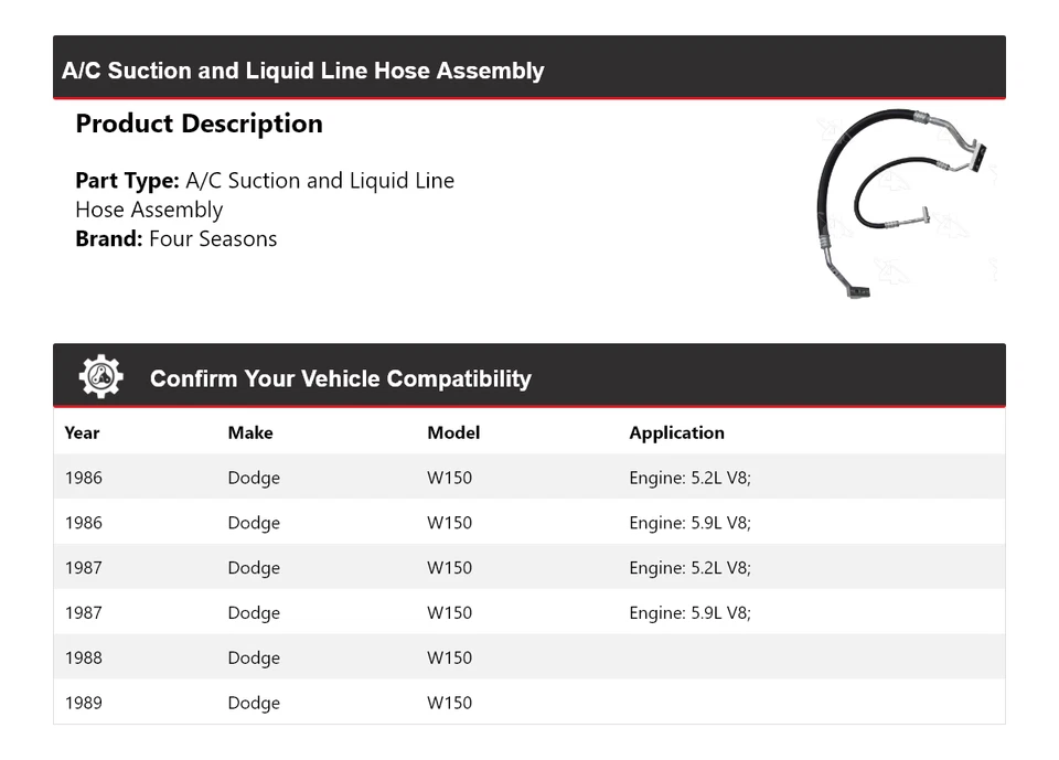 Conjunto de manguera de línea líquida y succión de aire acondicionado Dodge W150 1986-1989 4 estaciones Foto 2 de 4