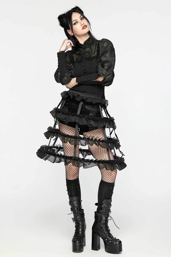 PUNK RAVE Reifrock Kurz 3 Reifen Schwarz mit Spitze Tüll Panier Bird Cage GOTHIC - Picture 4 of 9