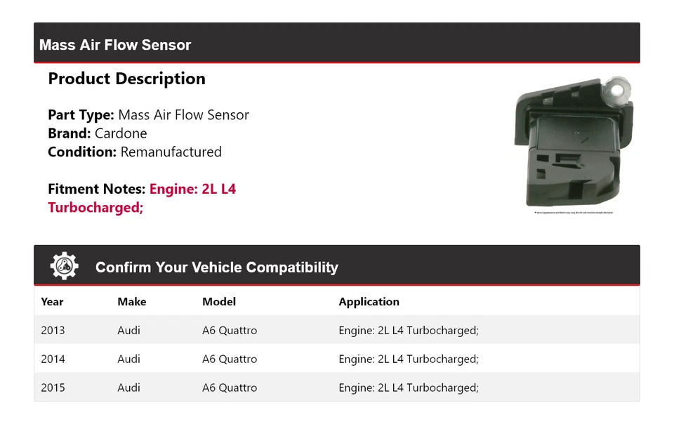 Для 2013-2015 Audi A6 Quattro 2L L4 турбированный датчик массового расхода воздуха Cardone - Изображение 2 из 4