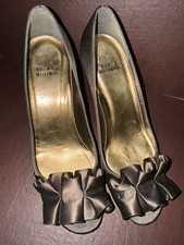 Stuart Weitzman Brown Ribbon Peep Toe Satin Pump Heel Size 7 Cute