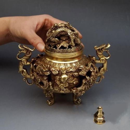 7" Chinese Brass Gilt 9 Dragon Incense Burner Censer Incensory Burner Statue - Picture 5 of 6