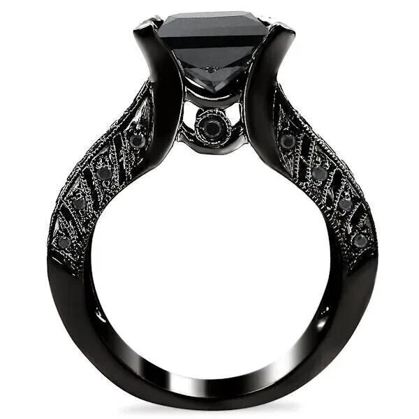 Anillo nupcial de diamantes negros creado en laboratorio por princesa de 3 quilates enchapado en oro negro de 14 quilates plateado Foto 3 de 4