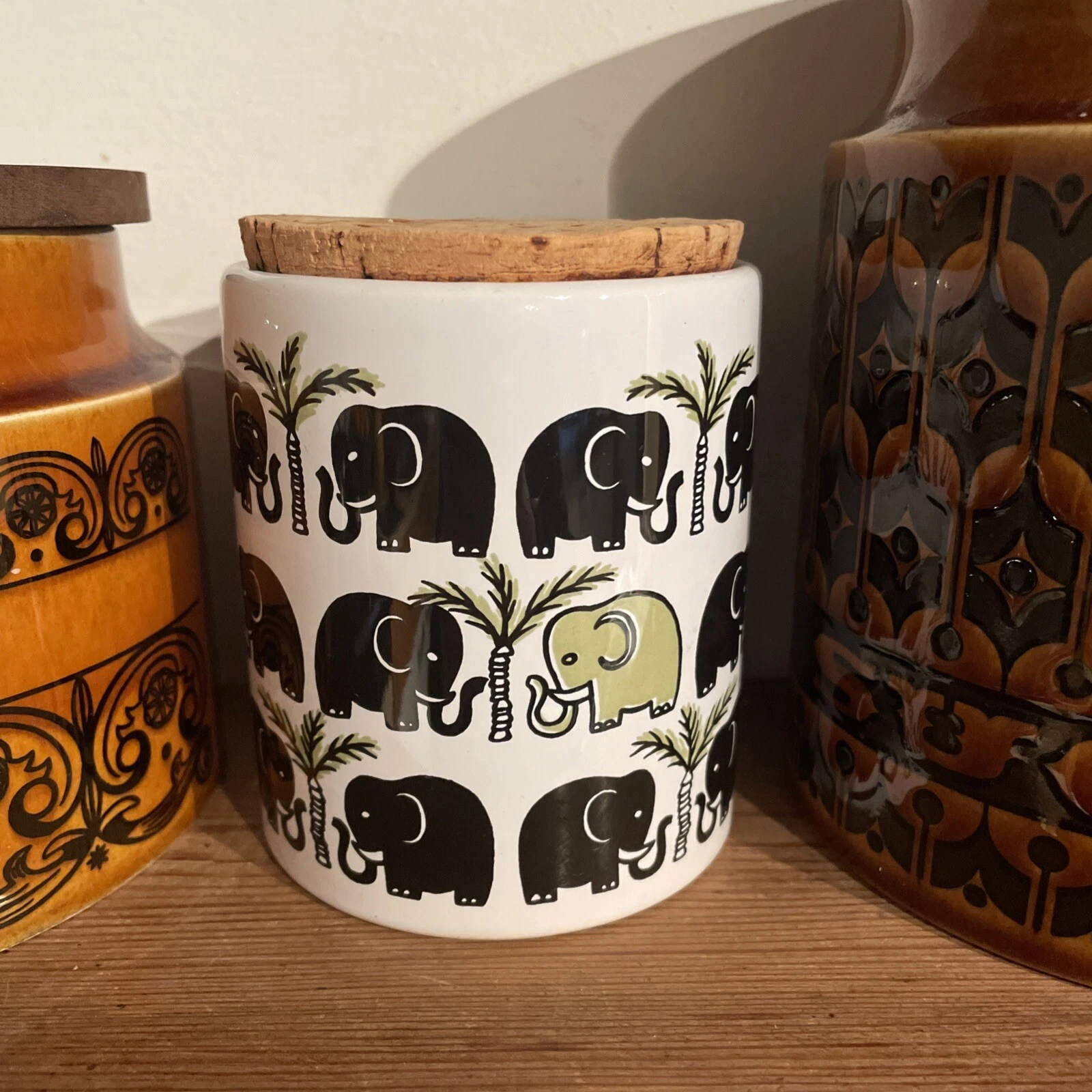 Vintage WÄCHTERSBACH Rare ELEPHANT Print Storage Jar Container Retro Cork Lid GC