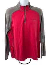 Eddie Bauer Sweater Mens Large Red Gray 1/4 Zip L/S Pullover Active FreeDry