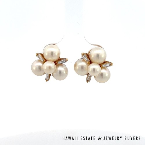Mikimoto 18K Yellow Gold Pearl and Diamond Cluster Stud Earrings *3192-09 - Picture 13 of 14